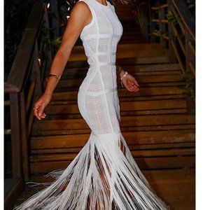 SWINGY FRINGE ROUND NECK SHEER TULLE BANDAGE SLEEVELESS MAXI DRESS - WHITE